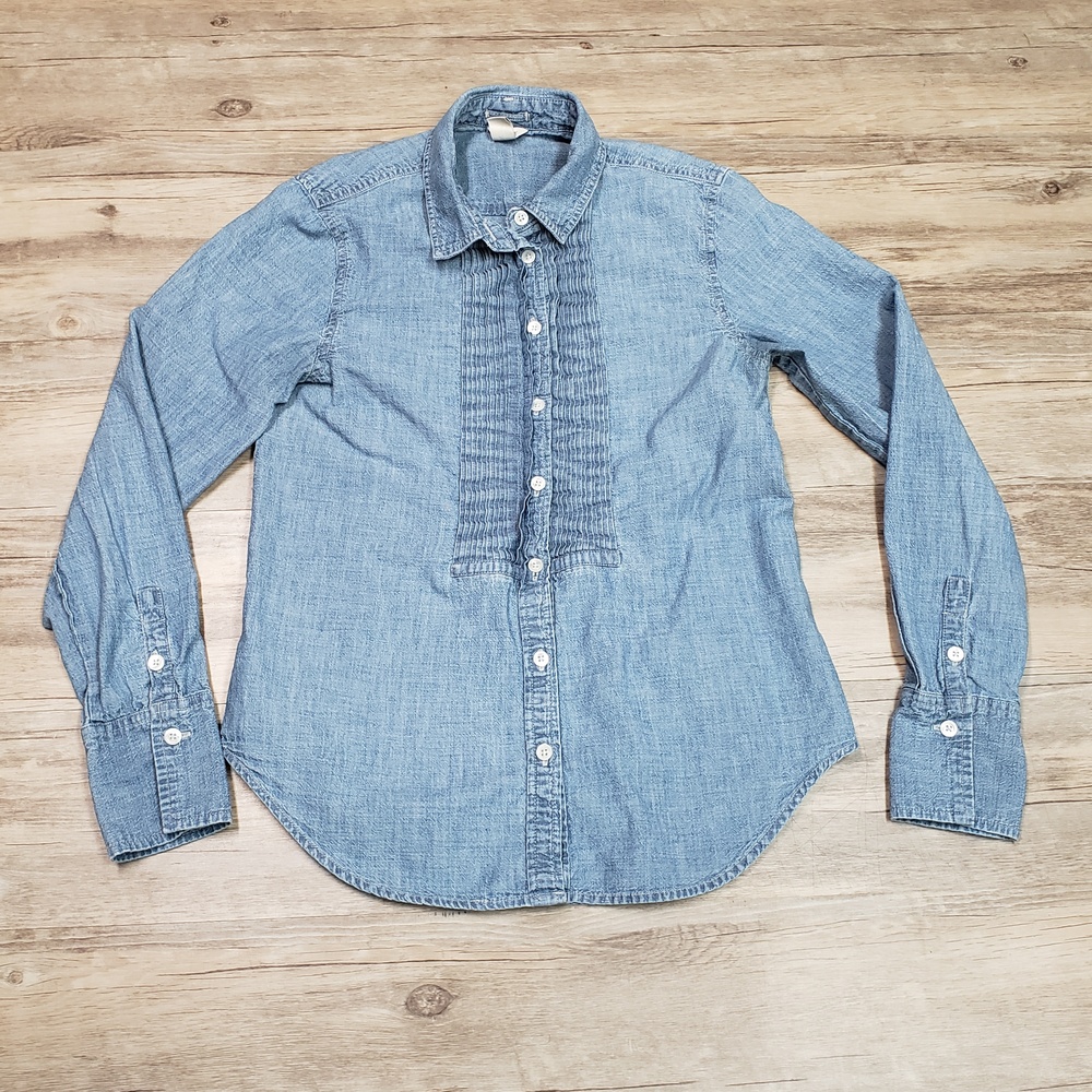 J.Crew Shirt Womens 2 Blue Chambray Pleated Front Long Sleeve Button Up Top
